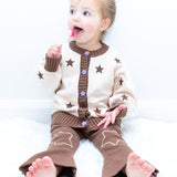 Toddler wearing the Starry Flare Pant styled with the Twinkle Twinkle Cardi