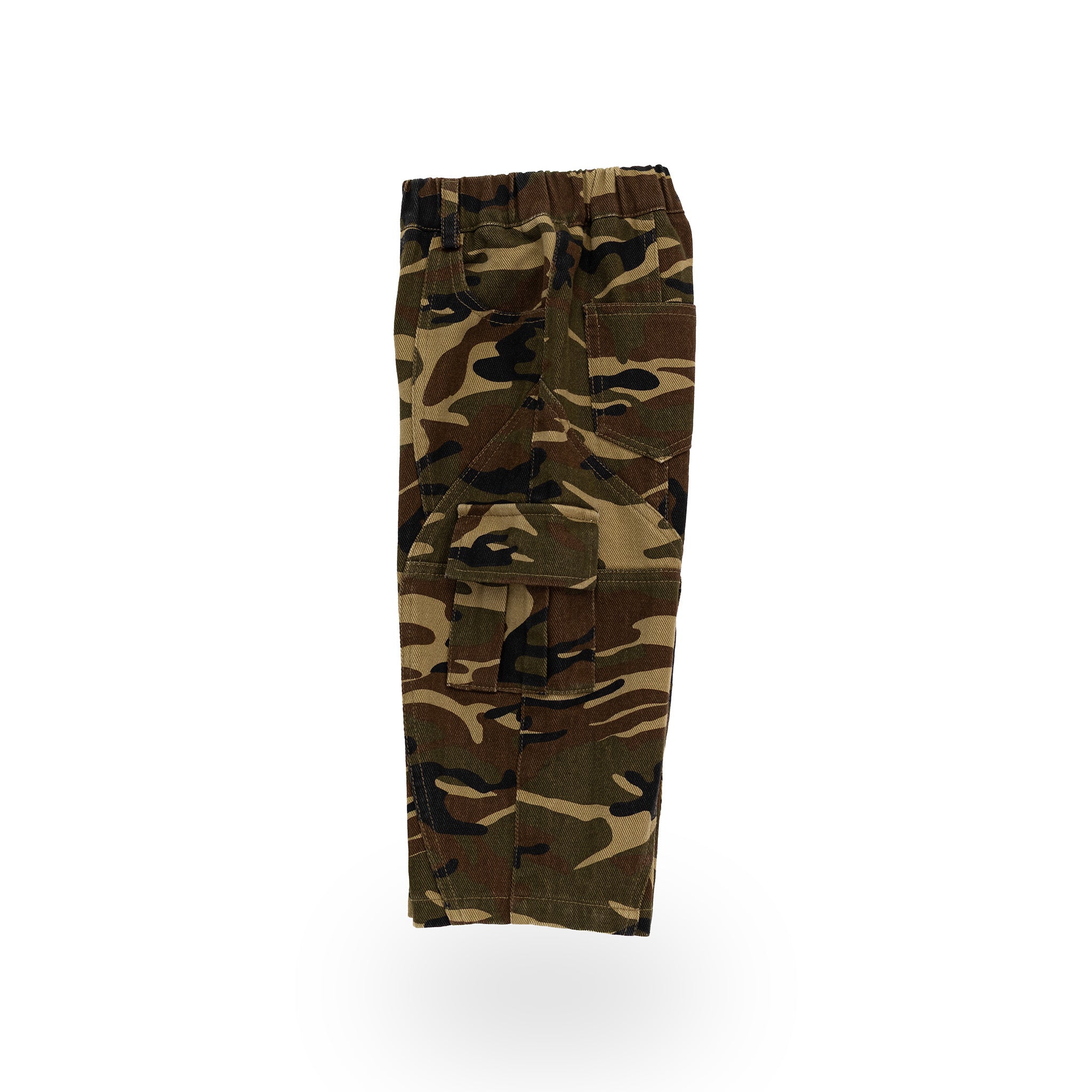 Garden Explorer Cargos in cotton camo – side, showing cargo pockets
