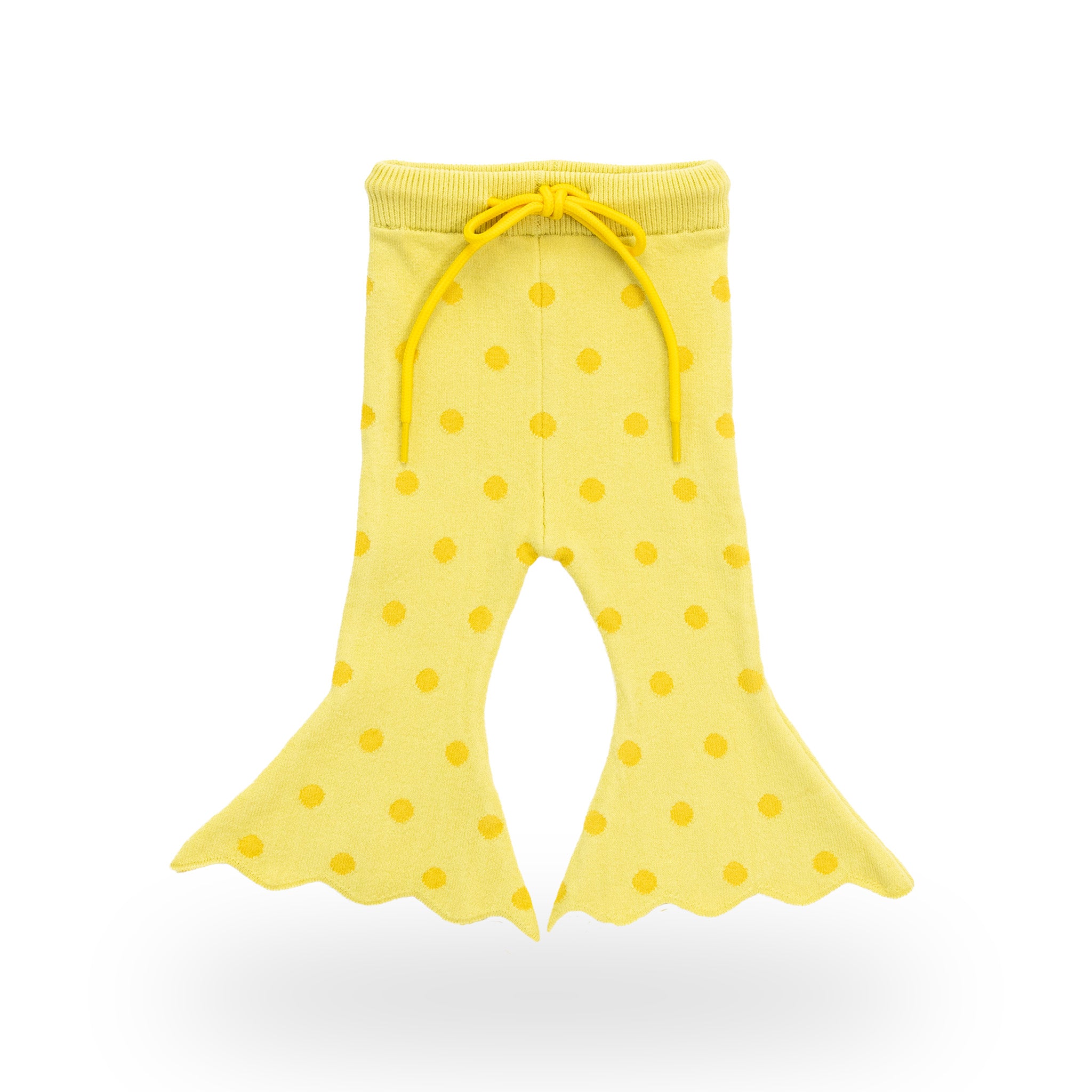 Buttercup Flares in buttery yellow knit with gold spots – front