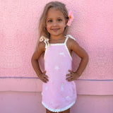 Sun Dress in Just Keep Swimming Pink, front view, pink dolphin knit kids dress by Dad Dressed Me