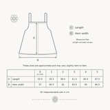 Dad Dressed Me dress size guide - length and hem width in cm for sizes 0 to 5