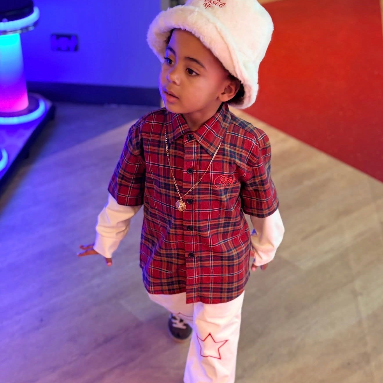 Red check kids shirt detail — Dad Dressed Me Weekender