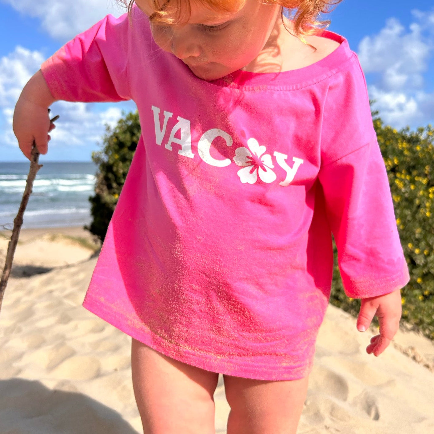 Pink kids Vacay Tee with hibiscus VACAY print - Dad Dressed Me Tropical Trip collection